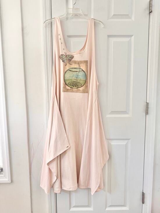 BlueFish Dresses & Skirts - Blue Fish Beige Hand Painted Cotton Long Tank Swing Lagenlook Dress OS Butterfly